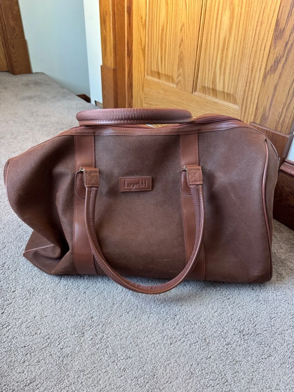 Karl Lagerfeld Brown Weekender Duffel Bag Travel Carry On Faux Leather Large
